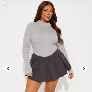 Fashion Nova Ribbed Mock Neck Sweater & Charcoal Pleated Skirt Set